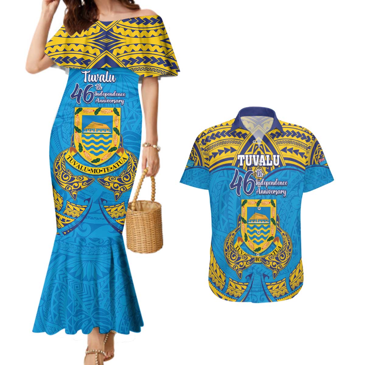 Personalised Tuvalu Independence Day Couples Matching Mermaid Dress and Hawaiian Shirt Coat Of Arms With Polynesian Dolphin Tattoo