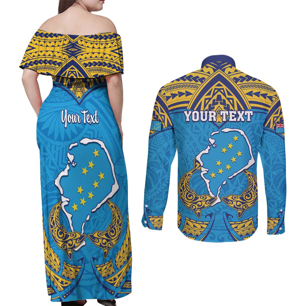 Personalised Tuvalu Independence Day Couples Matching Off Shoulder Maxi Dress and Long Sleeve Button Shirt Coat Of Arms With Polynesian Dolphin Tattoo LT05 - Polynesian Pride