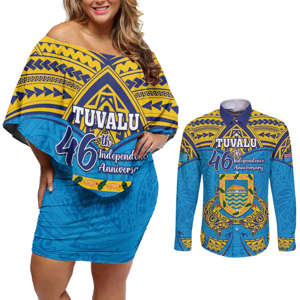 Personalised Tuvalu Independence Day Couples Matching Off Shoulder Short Dress and Long Sleeve Button Shirt Coat Of Arms With Polynesian Dolphin Tattoo LT05 Blue - Polynesian Pride
