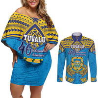 Personalised Tuvalu Independence Day Couples Matching Off Shoulder Short Dress and Long Sleeve Button Shirt Coat Of Arms With Polynesian Dolphin Tattoo LT05 Blue - Polynesian Pride