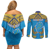 Personalised Tuvalu Independence Day Couples Matching Off Shoulder Short Dress and Long Sleeve Button Shirt Coat Of Arms With Polynesian Dolphin Tattoo LT05 - Polynesian Pride