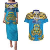 Personalised Tuvalu Independence Day Couples Matching Puletasi and Hawaiian Shirt Coat Of Arms With Polynesian Dolphin Tattoo LT05 Blue - Polynesian Pride