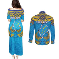 Personalised Tuvalu Independence Day Couples Matching Puletasi and Long Sleeve Button Shirt Coat Of Arms With Polynesian Dolphin Tattoo LT05 - Polynesian Pride