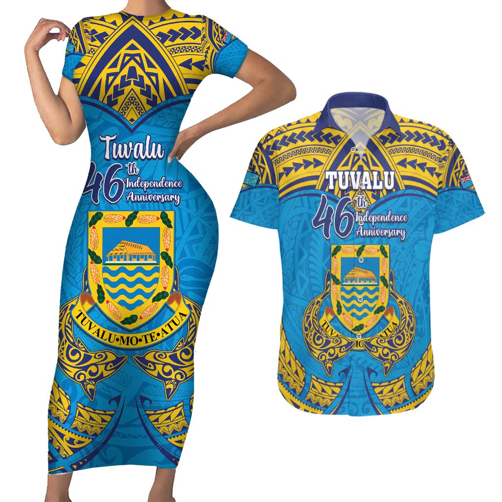 Personalised Tuvalu Independence Day Couples Matching Short Sleeve Bodycon Dress and Hawaiian Shirt Coat Of Arms With Polynesian Dolphin Tattoo