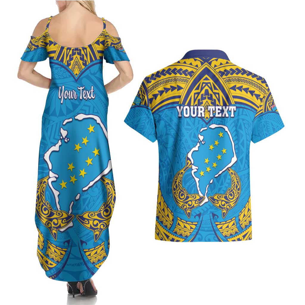 Personalised Tuvalu Independence Day Couples Matching Summer Maxi Dress and Hawaiian Shirt Coat Of Arms With Polynesian Dolphin Tattoo LT05 - Polynesian Pride