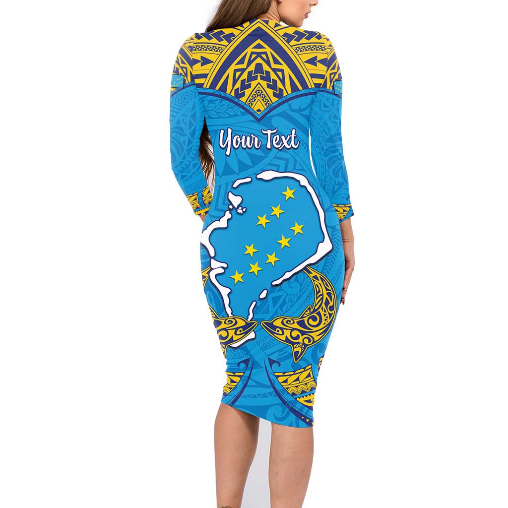 Personalised Tuvalu Independence Day Family Matching Long Sleeve Bodycon Dress and Hawaiian Shirt Coat Of Arms With Polynesian Dolphin Tattoo