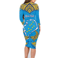 Personalised Tuvalu Independence Day Family Matching Long Sleeve Bodycon Dress and Hawaiian Shirt Coat Of Arms With Polynesian Dolphin Tattoo