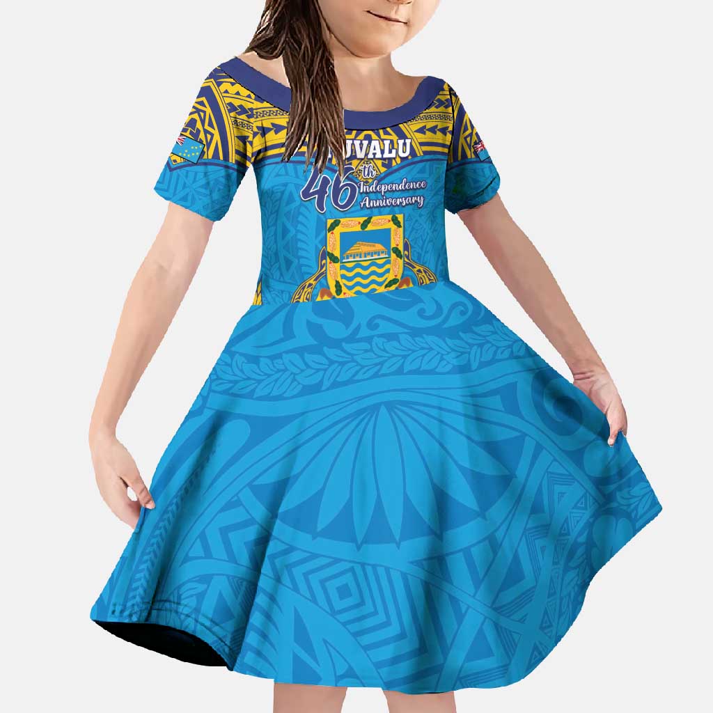 Personalised Tuvalu Independence Day Family Matching Mermaid Dress and Hawaiian Shirt Coat Of Arms With Polynesian Dolphin Tattoo LT05 Daughter's Dress Blue - Polynesian Pride