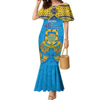 Personalised Tuvalu Independence Day Family Matching Mermaid Dress and Hawaiian Shirt Coat Of Arms With Polynesian Dolphin Tattoo LT05 Mom's Dress Blue - Polynesian Pride