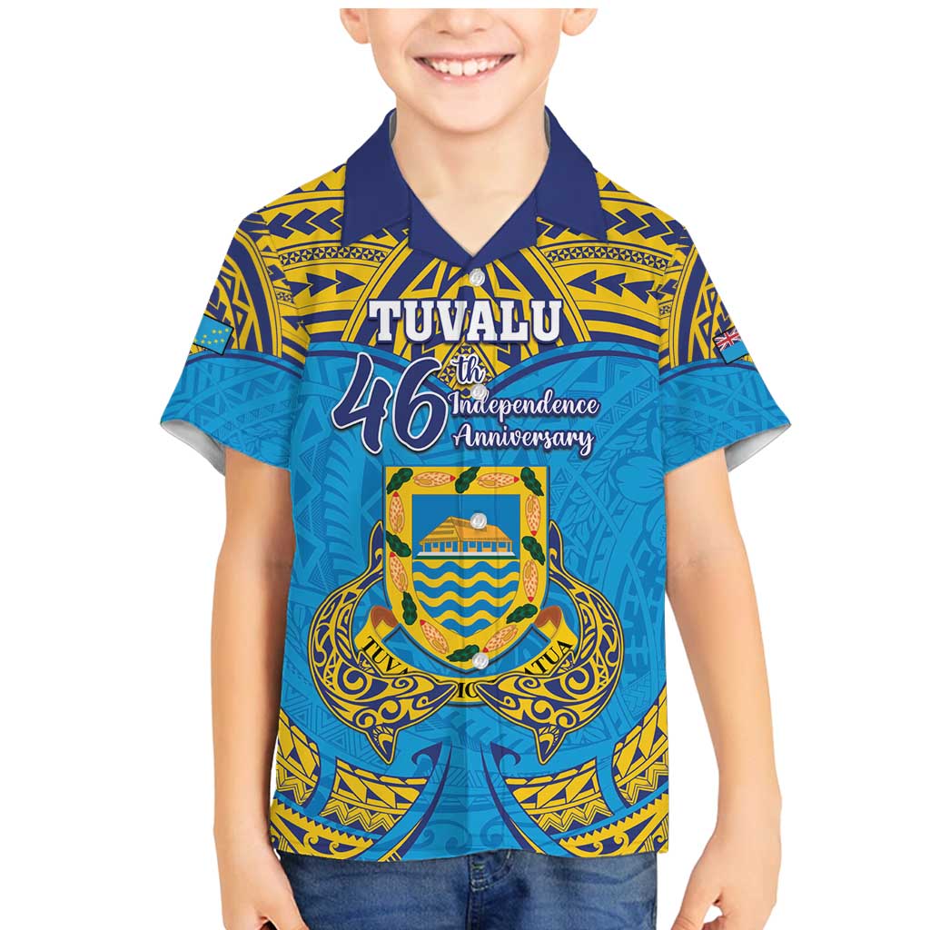 Personalised Tuvalu Independence Day Family Matching Mermaid Dress and Hawaiian Shirt Coat Of Arms With Polynesian Dolphin Tattoo LT05 Son's Shirt Blue - Polynesian Pride