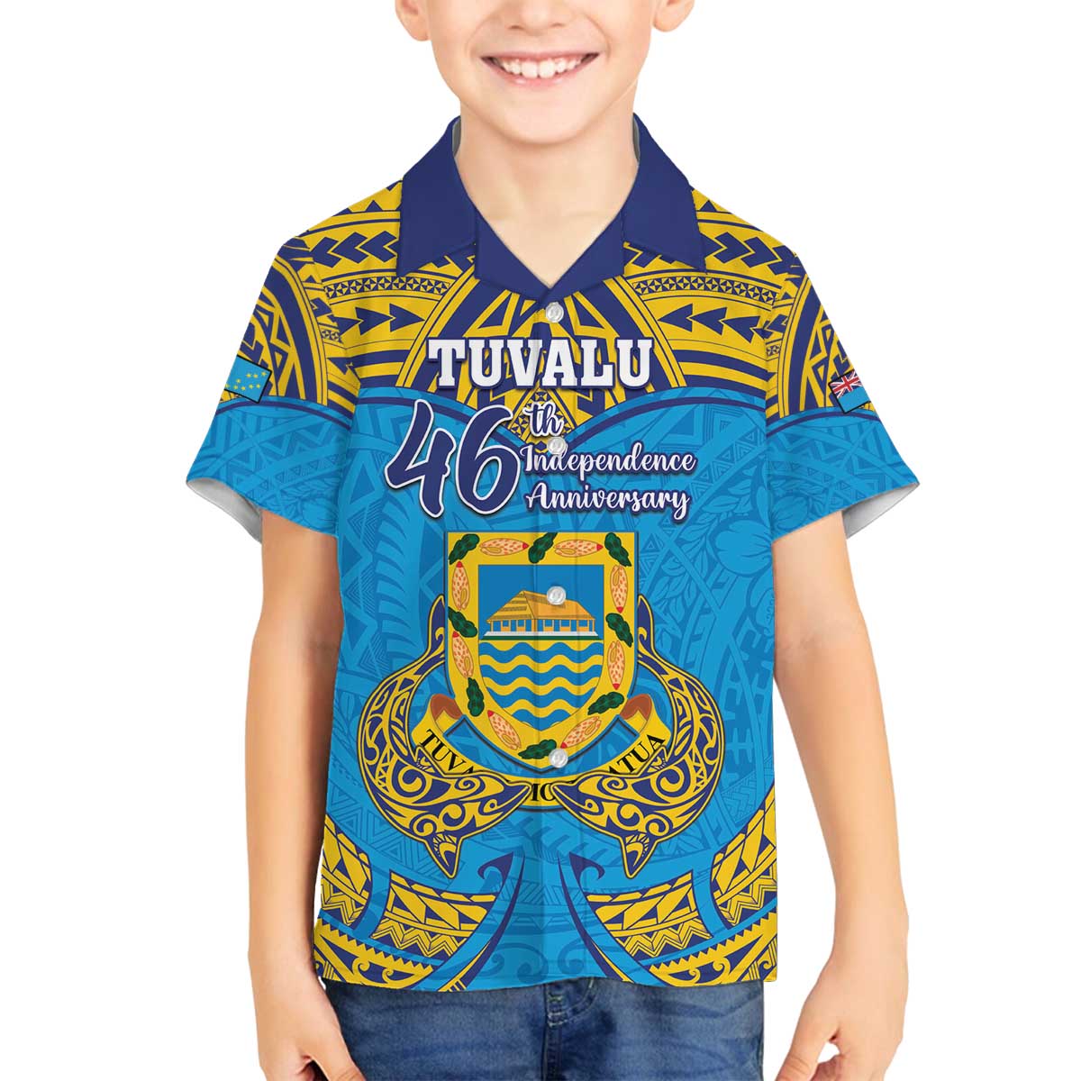Personalised Tuvalu Independence Day Family Matching Off The Shoulder Long Sleeve Dress and Hawaiian Shirt Coat Of Arms With Polynesian Dolphin Tattoo