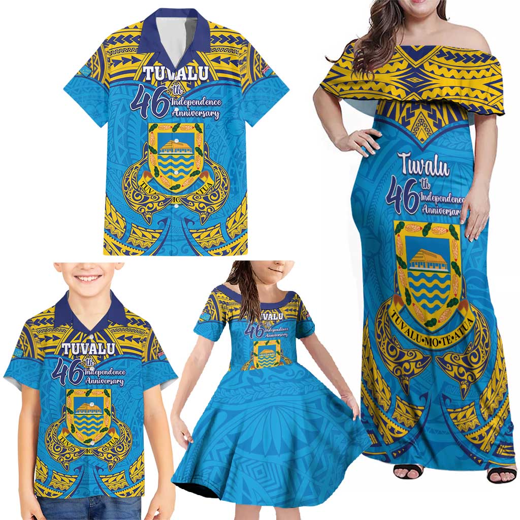 Personalised Tuvalu Independence Day Family Matching Off Shoulder Maxi Dress and Hawaiian Shirt Coat Of Arms With Polynesian Dolphin Tattoo LT05 - Polynesian Pride