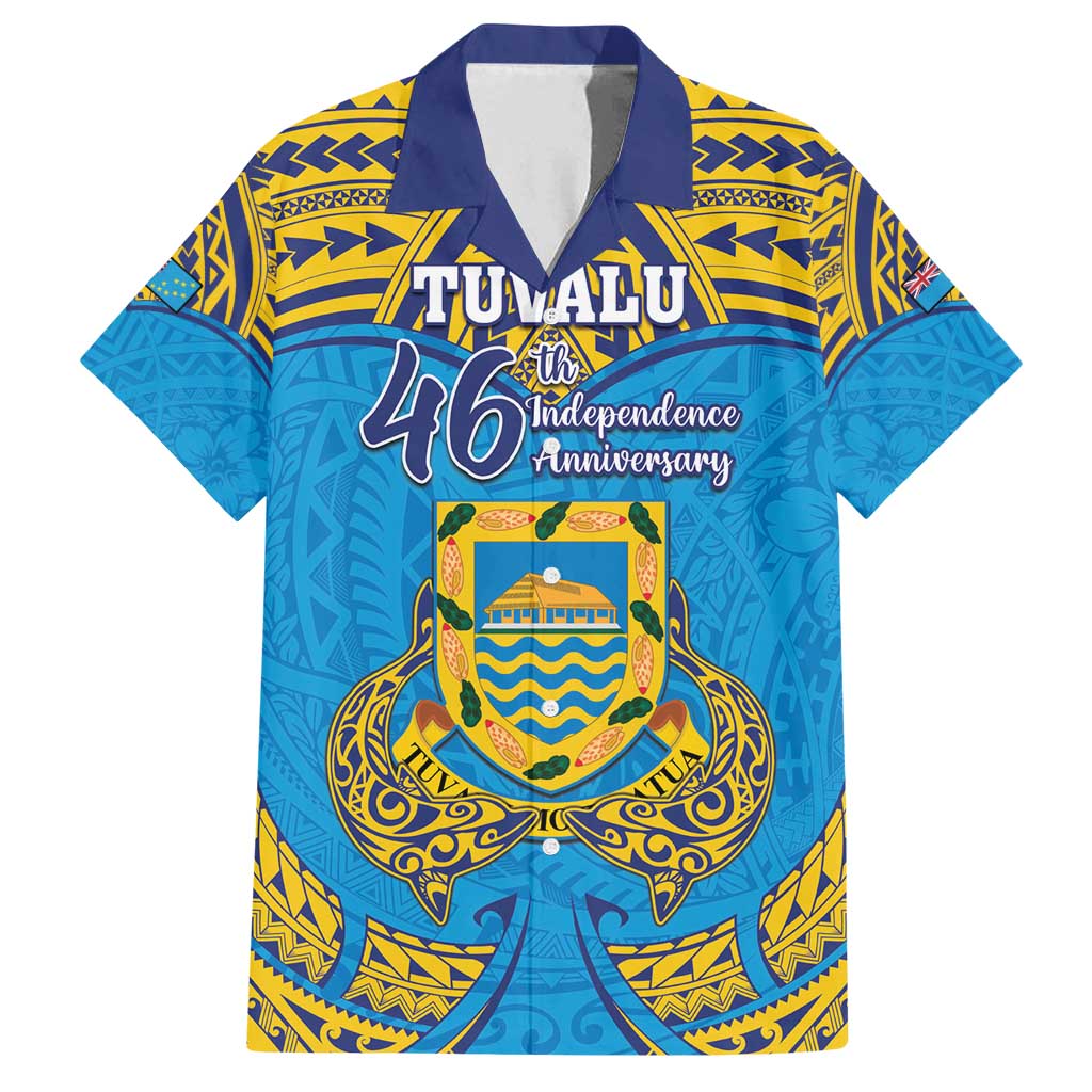 Personalised Tuvalu Independence Day Family Matching Off Shoulder Maxi Dress and Hawaiian Shirt Coat Of Arms With Polynesian Dolphin Tattoo LT05 Dad's Shirt - Short Sleeve Blue - Polynesian Pride