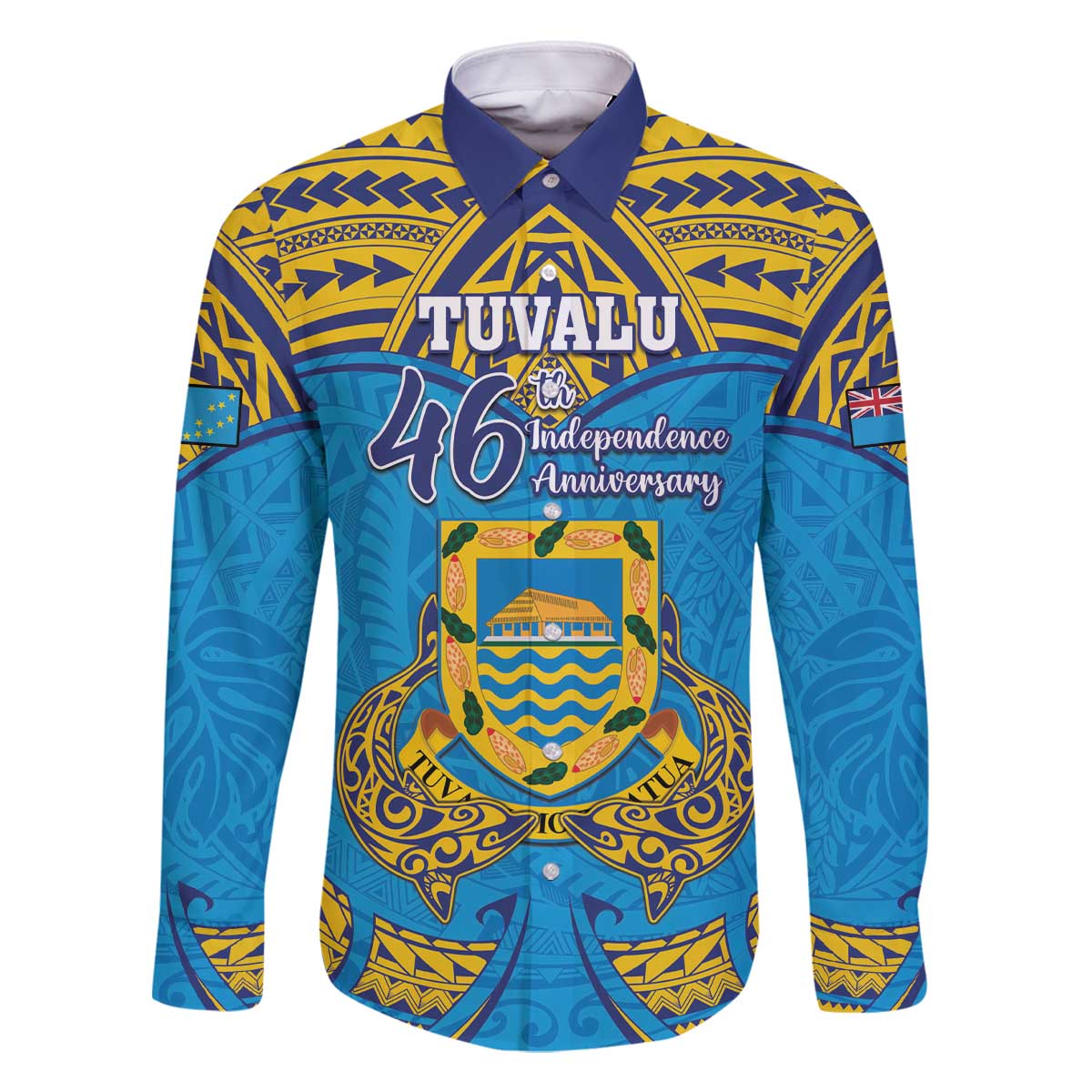 Personalised Tuvalu Independence Day Family Matching Off Shoulder Short Dress and Hawaiian Shirt Coat Of Arms With Polynesian Dolphin Tattoo LT05 Dad's Shirt - Long Sleeve Blue - Polynesian Pride