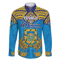 Personalised Tuvalu Independence Day Family Matching Off Shoulder Short Dress and Hawaiian Shirt Coat Of Arms With Polynesian Dolphin Tattoo LT05 Dad's Shirt - Long Sleeve Blue - Polynesian Pride