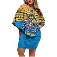 Personalised Tuvalu Independence Day Family Matching Off Shoulder Short Dress and Hawaiian Shirt Coat Of Arms With Polynesian Dolphin Tattoo LT05 Mom's Dress Blue - Polynesian Pride