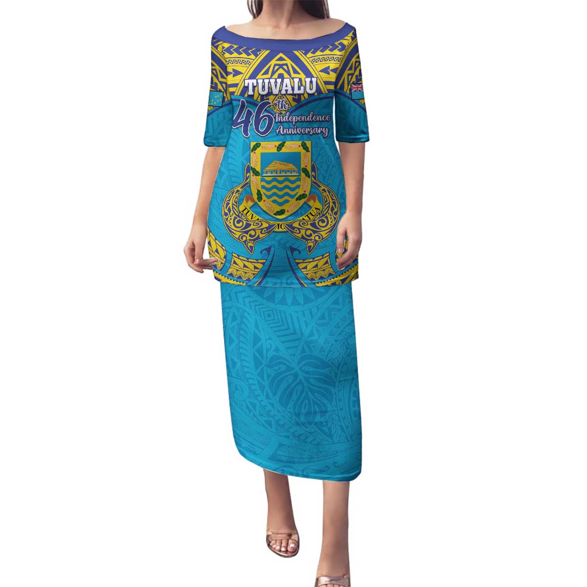 Personalised Tuvalu Independence Day Family Matching Puletasi and Hawaiian Shirt Coat Of Arms With Polynesian Dolphin Tattoo