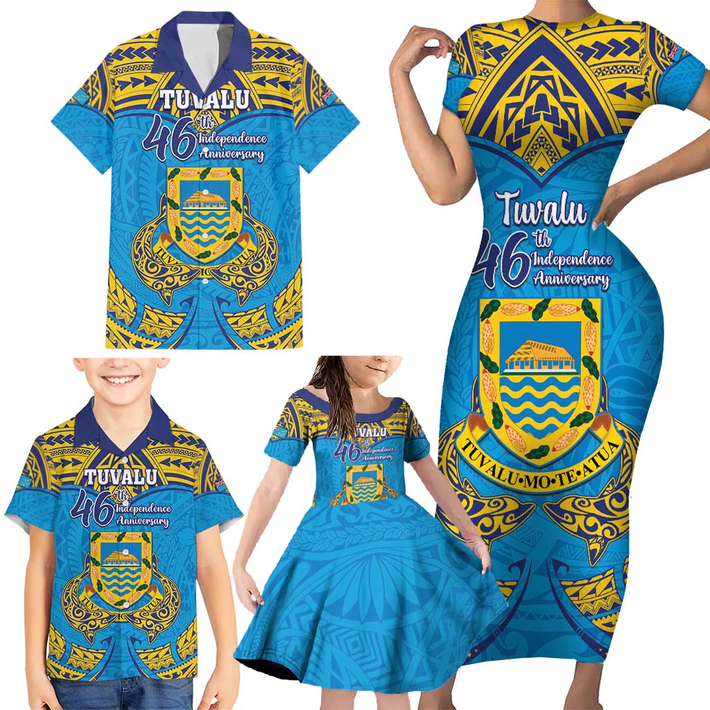 Personalised Tuvalu Independence Day Family Matching Short Sleeve Bodycon Dress and Hawaiian Shirt Coat Of Arms With Polynesian Dolphin Tattoo LT05 - Polynesian Pride