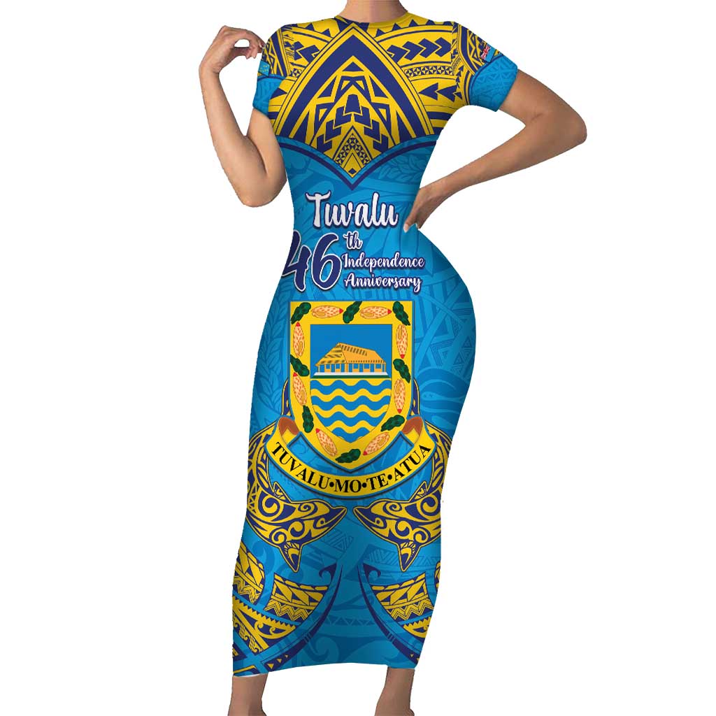 Personalised Tuvalu Independence Day Family Matching Short Sleeve Bodycon Dress and Hawaiian Shirt Coat Of Arms With Polynesian Dolphin Tattoo LT05 Mom's Dress Blue - Polynesian Pride