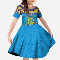 Personalised Tuvalu Independence Day Family Matching Tank Maxi Dress and Hawaiian Shirt Coat Of Arms With Polynesian Dolphin Tattoo LT05 Daughter's Dress Blue - Polynesian Pride