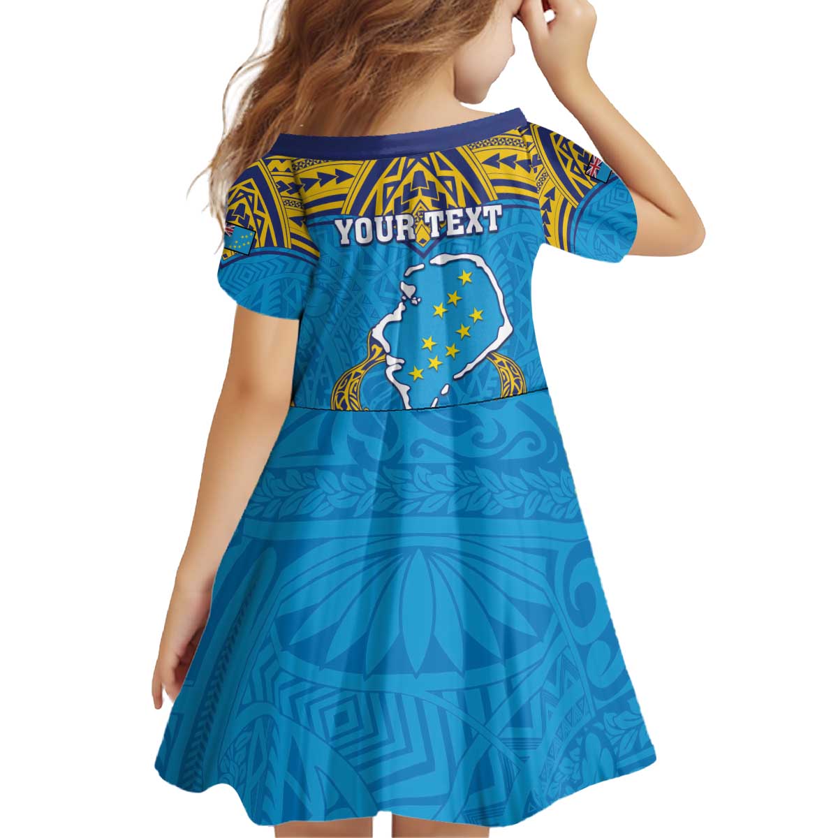 Personalised Tuvalu Independence Day Kid Short Sleeve Dress Coat Of Arms With Polynesian Dolphin Tattoo LT05 - Polynesian Pride