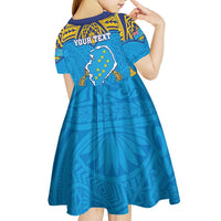 Personalised Tuvalu Independence Day Kid Short Sleeve Dress Coat Of Arms With Polynesian Dolphin Tattoo LT05 - Polynesian Pride