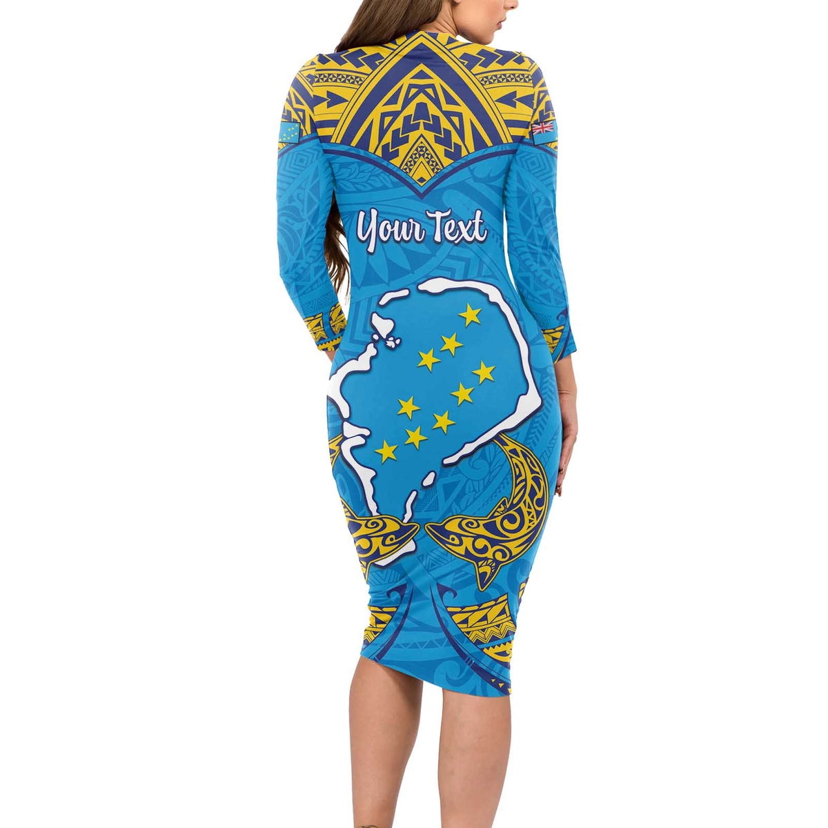 Personalised Tuvalu Independence Day Long Sleeve Bodycon Dress Coat Of Arms With Polynesian Dolphin Tattoo