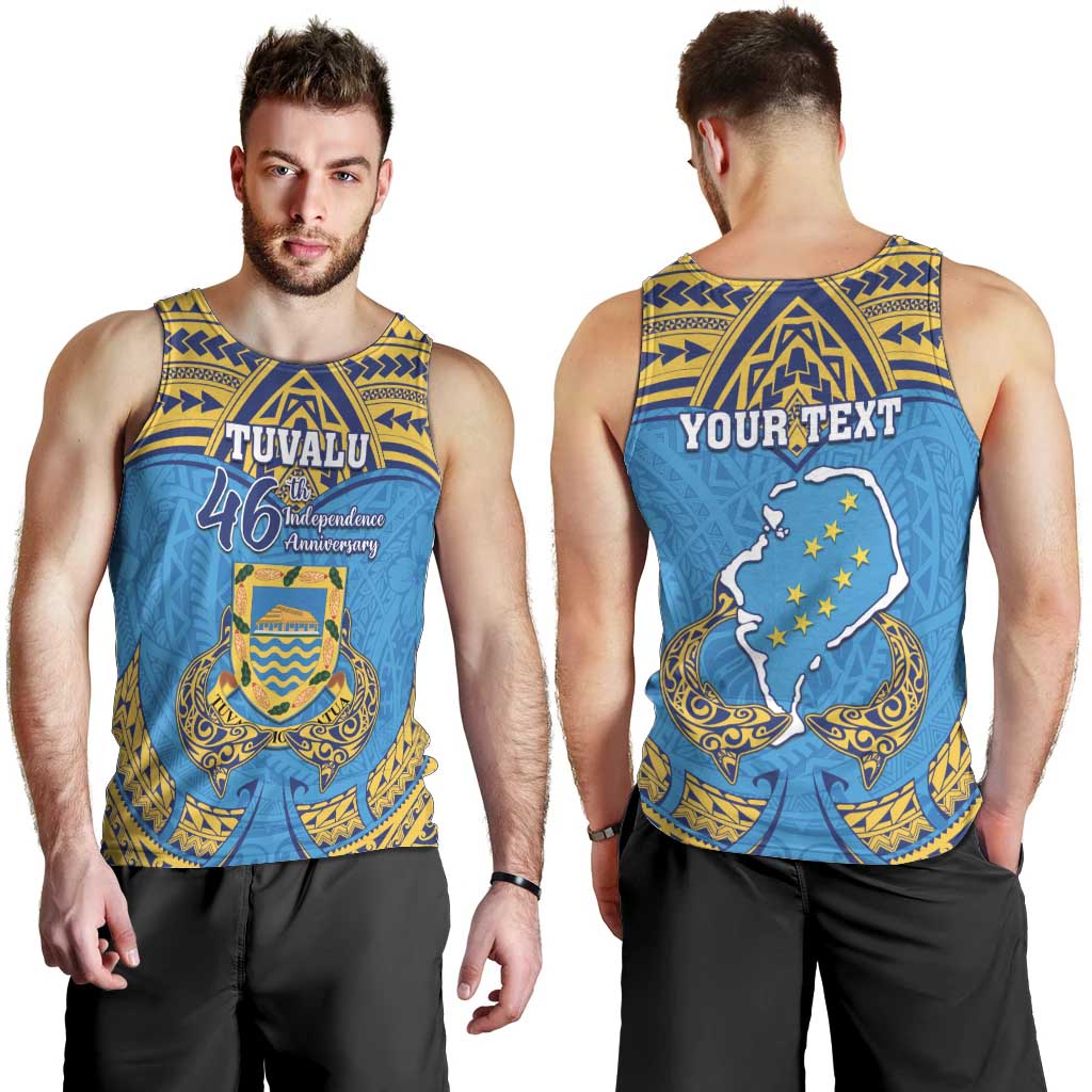 Personalised Tuvalu Independence Day Men Tank Top Coat Of Arms With Polynesian Dolphin Tattoo