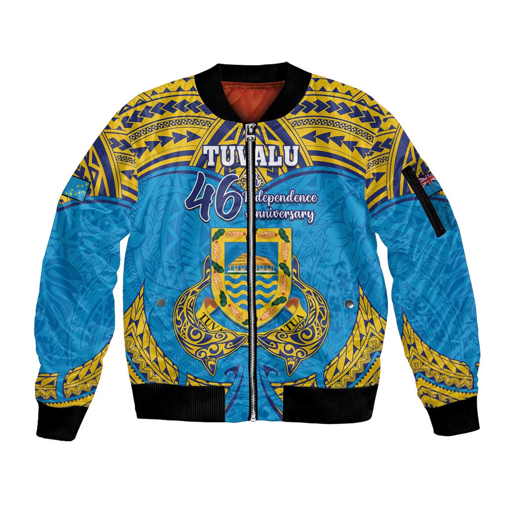 Personalised Tuvalu Independence Day Sleeve Zip Bomber Jacket Coat Of Arms With Polynesian Dolphin Tattoo LT05 Unisex Blue - Polynesian Pride