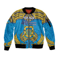 Personalised Tuvalu Independence Day Sleeve Zip Bomber Jacket Coat Of Arms With Polynesian Dolphin Tattoo LT05 Unisex Blue - Polynesian Pride