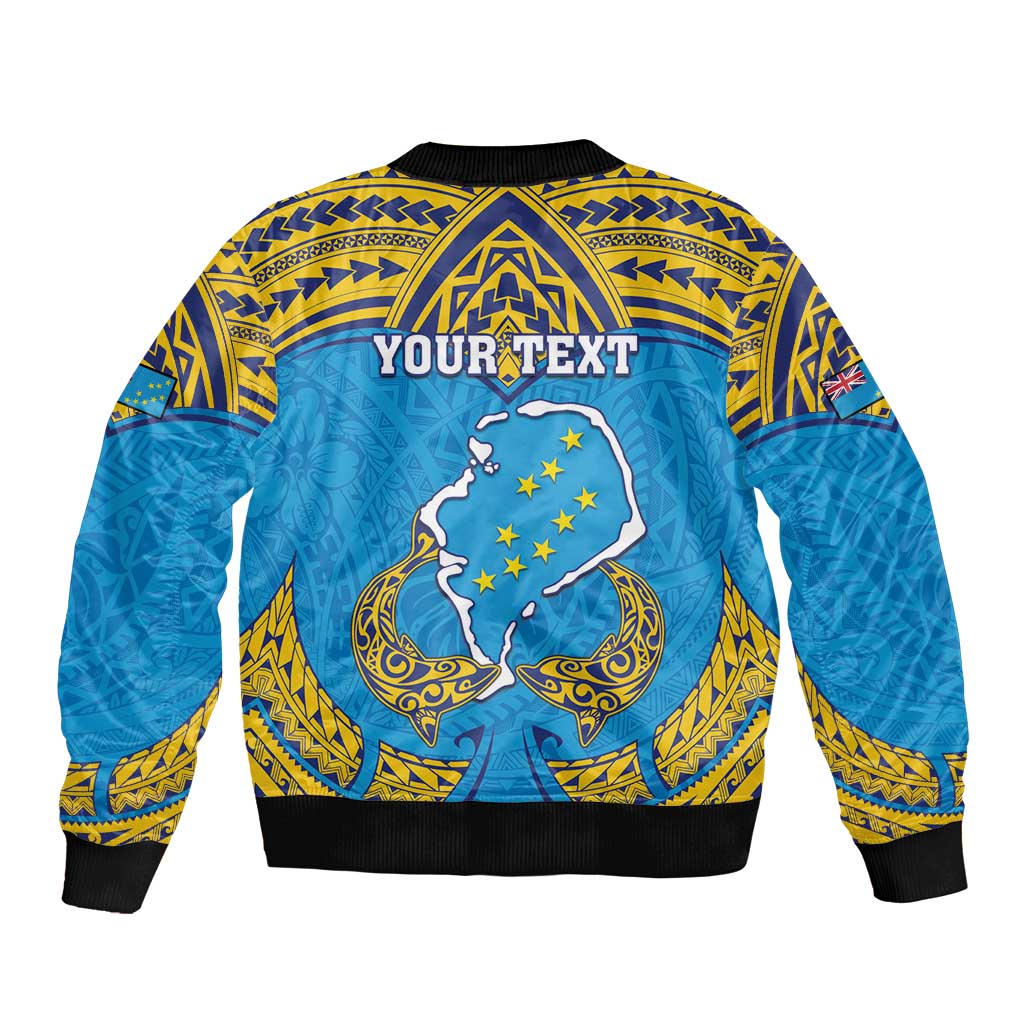 Personalised Tuvalu Independence Day Sleeve Zip Bomber Jacket Coat Of Arms With Polynesian Dolphin Tattoo LT05 - Polynesian Pride