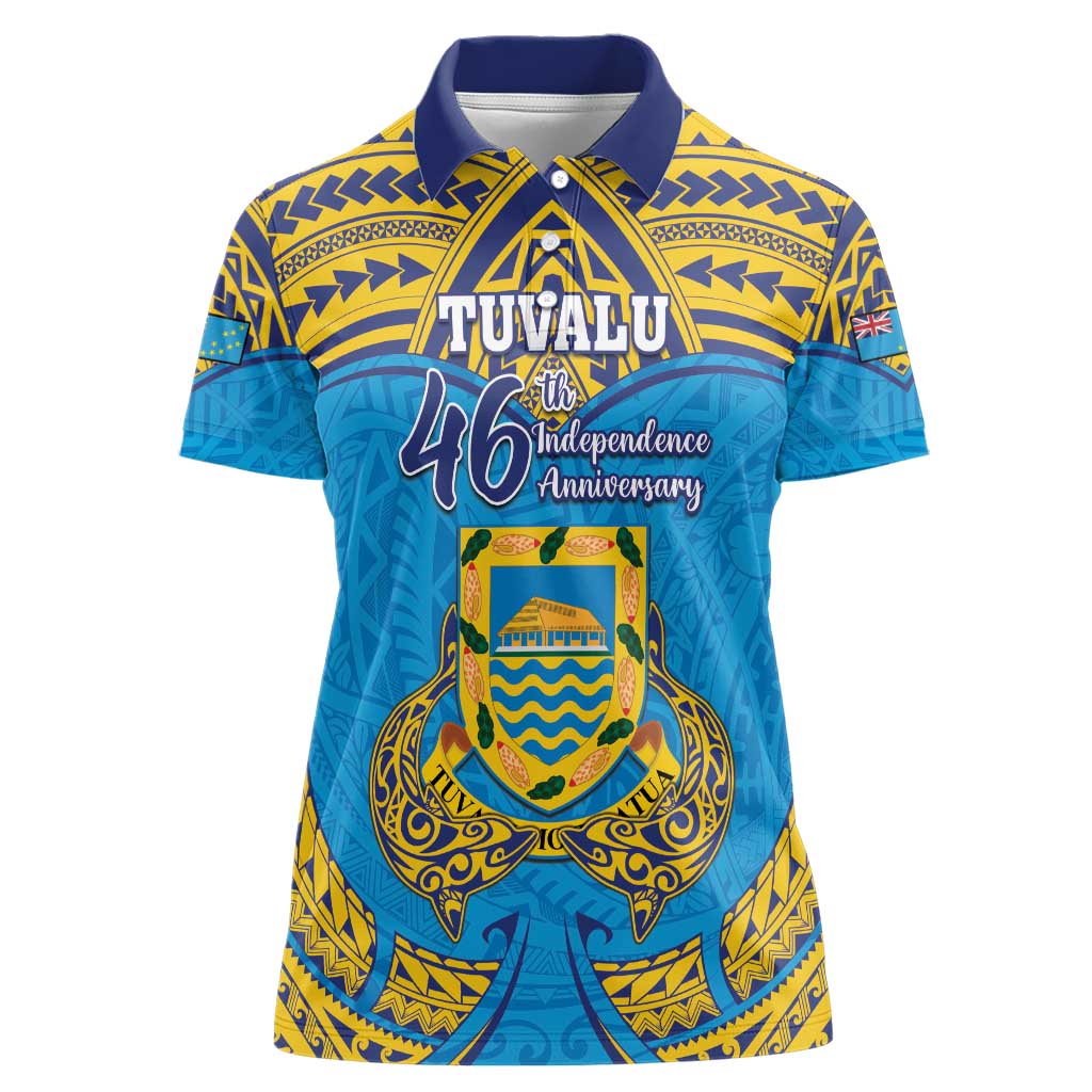 Personalised Tuvalu Independence Day Women Polo Shirt Coat Of Arms With Polynesian Dolphin Tattoo LT05 Female Blue - Polynesian Pride