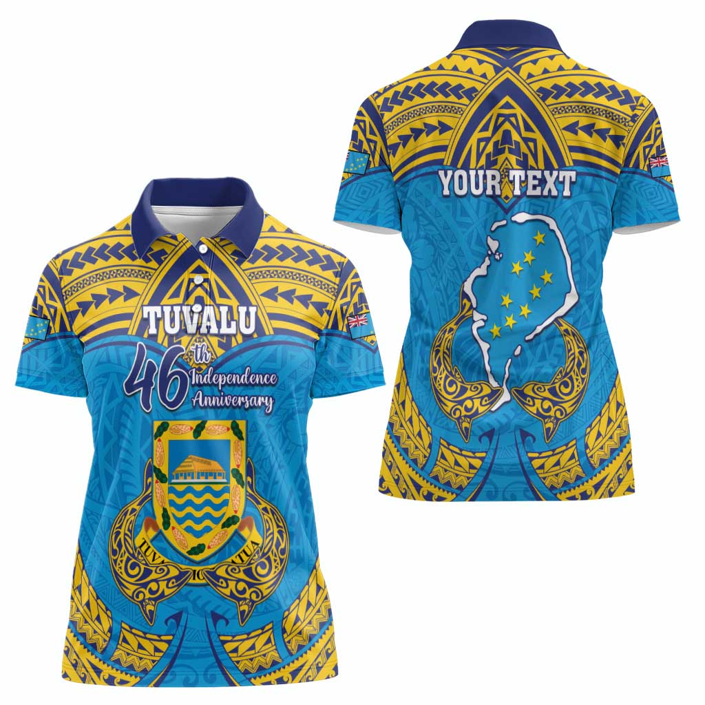 Personalised Tuvalu Independence Day Women Polo Shirt Coat Of Arms With Polynesian Dolphin Tattoo LT05 - Polynesian Pride