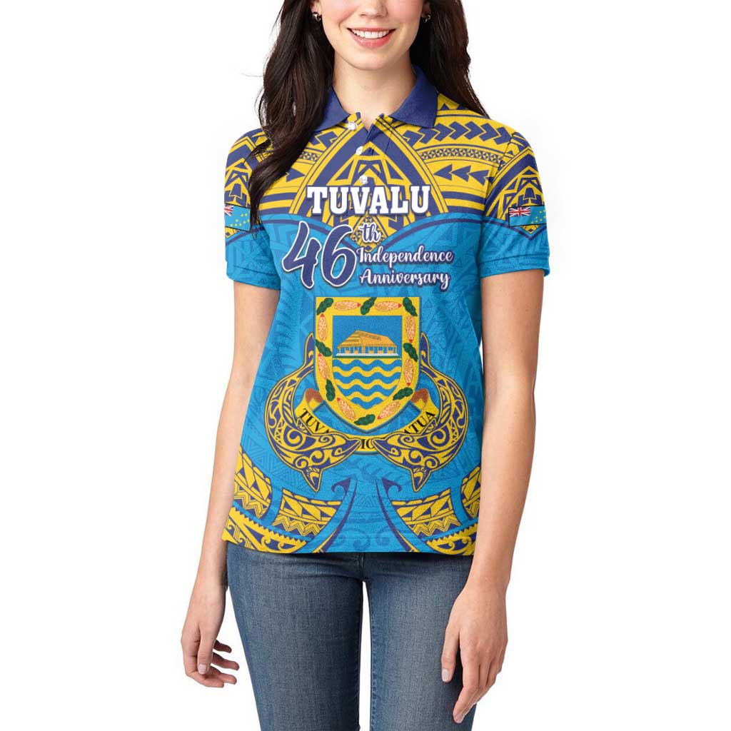 Personalised Tuvalu Independence Day Women Polo Shirt Coat Of Arms With Polynesian Dolphin Tattoo LT05 - Polynesian Pride