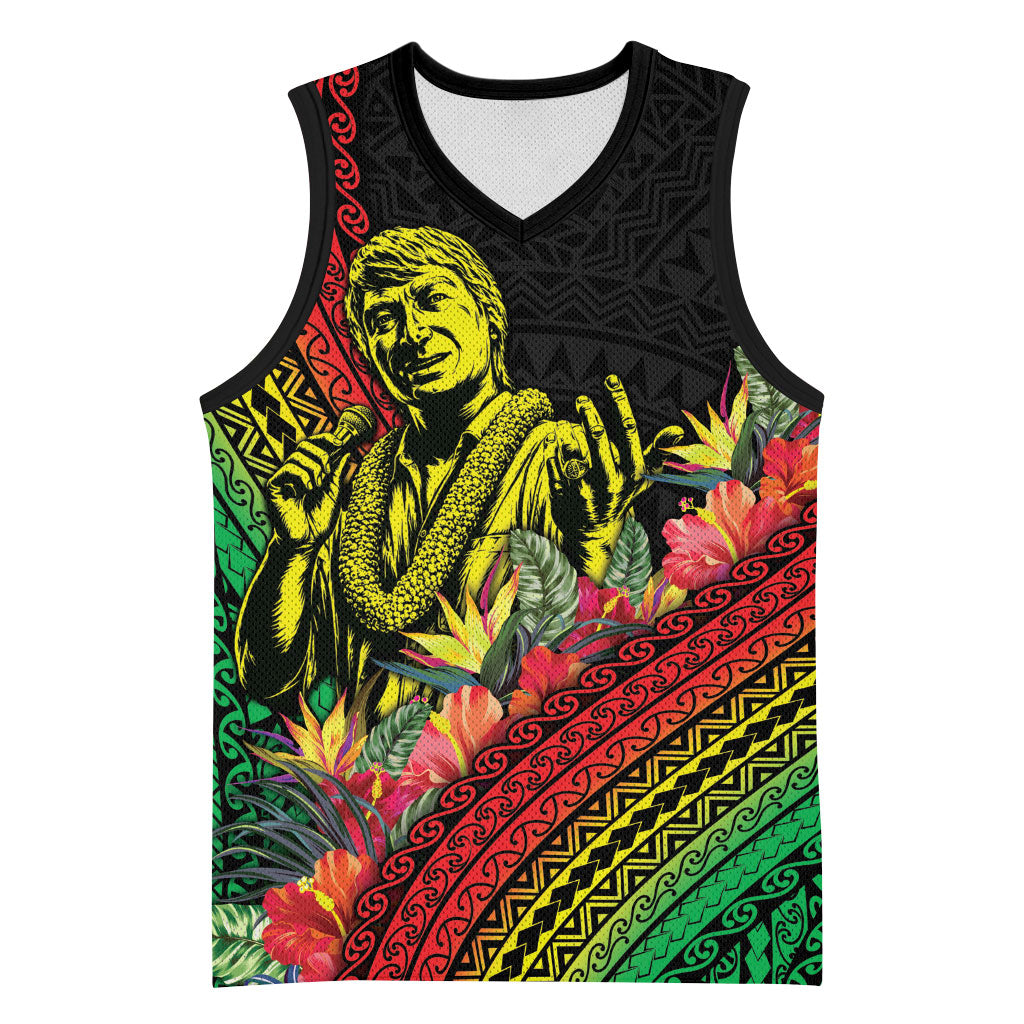 Retro Hawaiian Singer Basketball Jersey Polynesian Style Tropical Flowers
