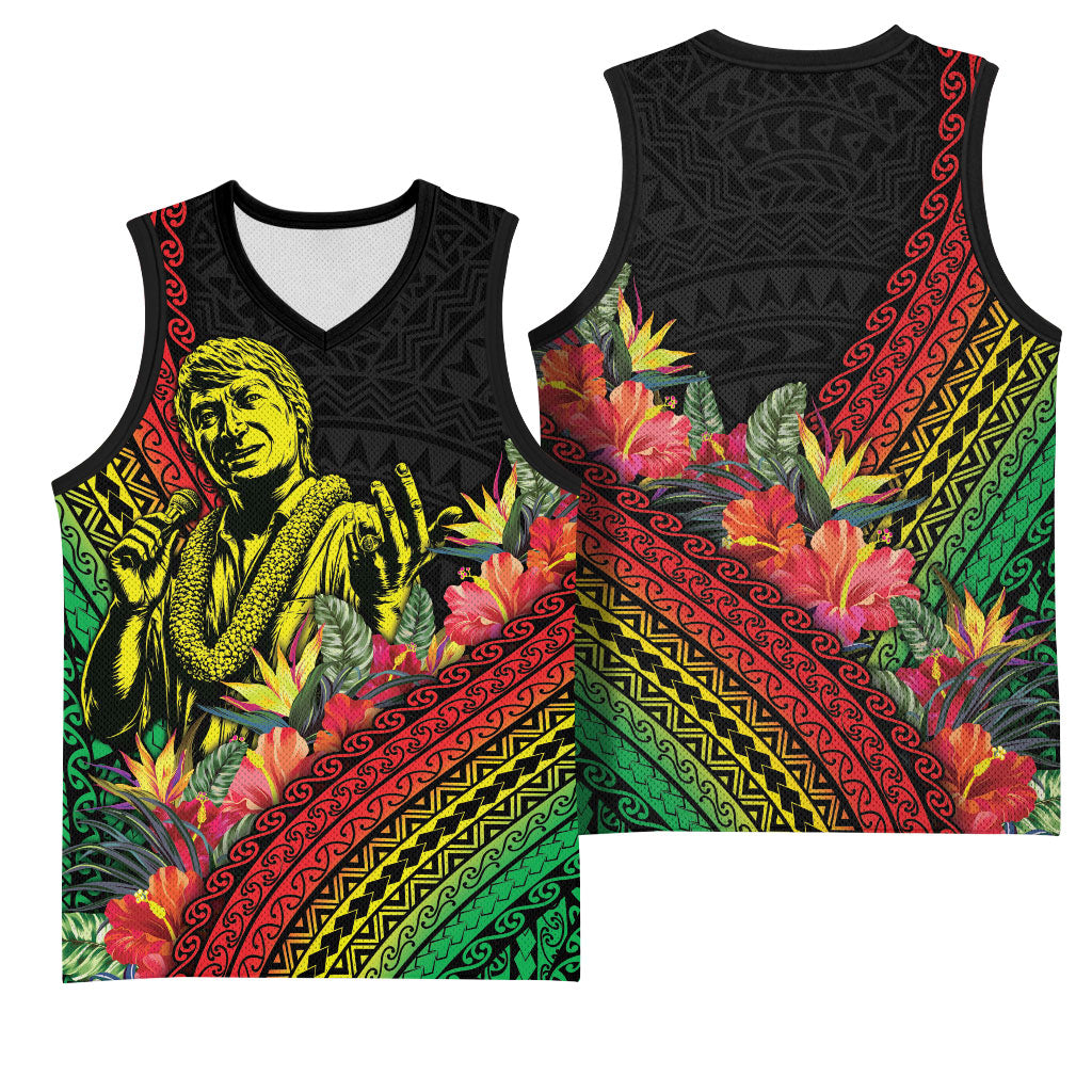 Retro Hawaiian Singer Basketball Jersey Polynesian Style Tropical Flowers