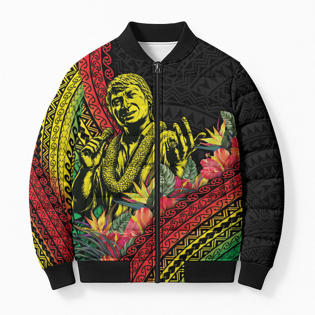 Retro Hawaiian Singer Bomber Puffer Jacket Polynesian Style Tropical Flowers