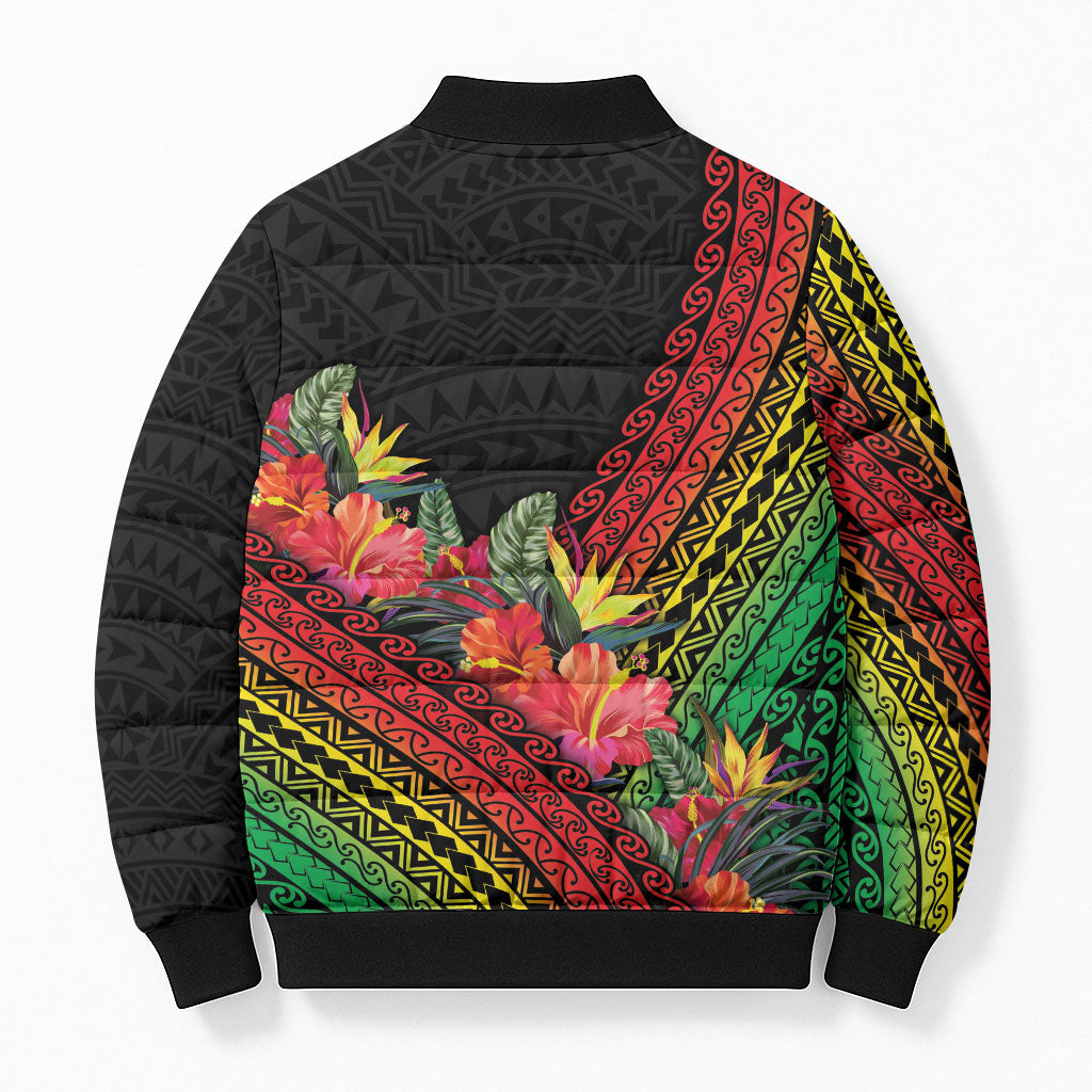 Retro Hawaiian Singer Bomber Puffer Jacket Polynesian Style Tropical Flowers