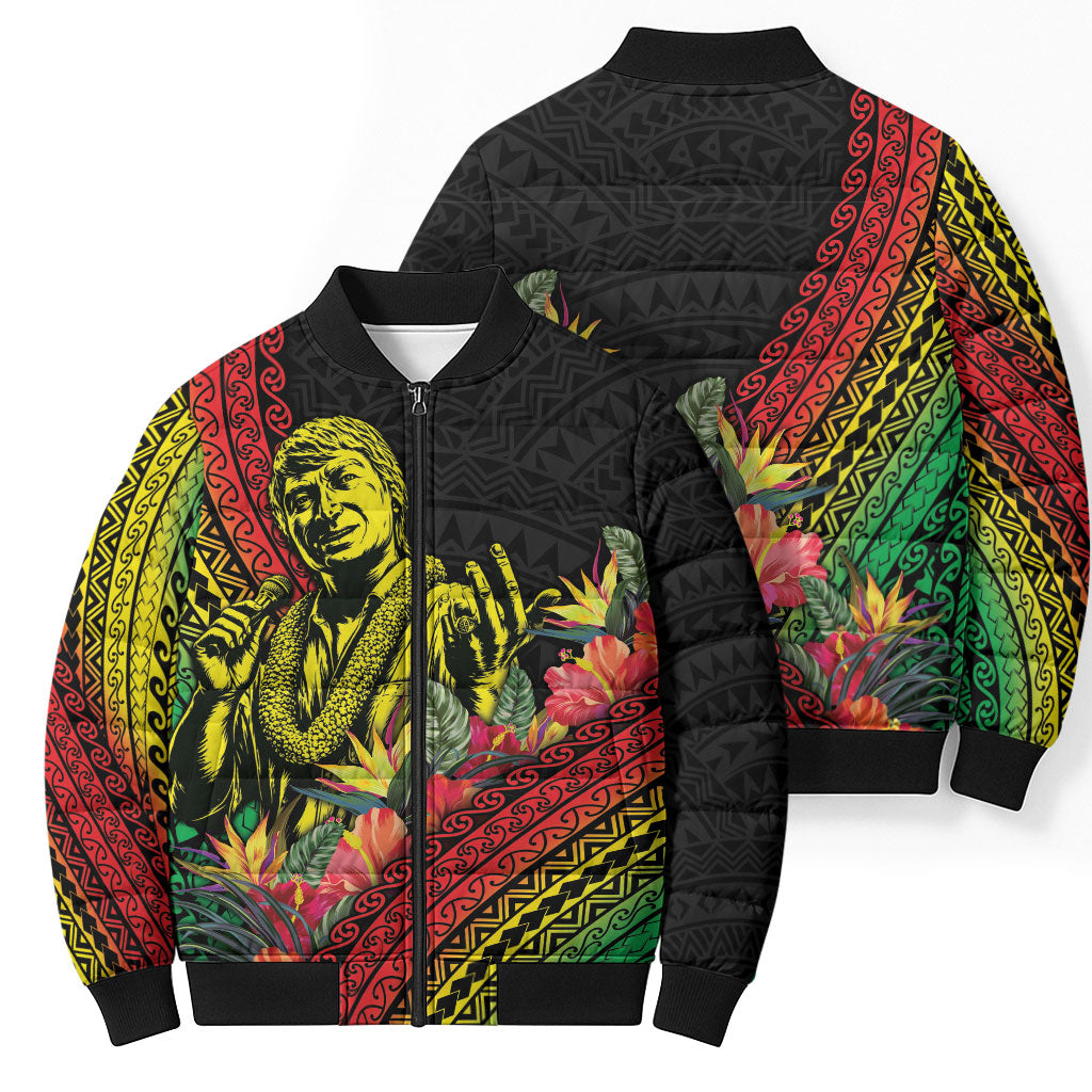 Retro Hawaiian Singer Bomber Puffer Jacket Polynesian Style Tropical Flowers