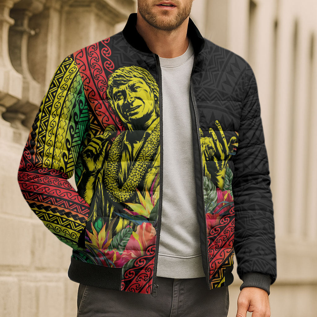 Retro Hawaiian Singer Bomber Puffer Jacket Polynesian Style Tropical Flowers
