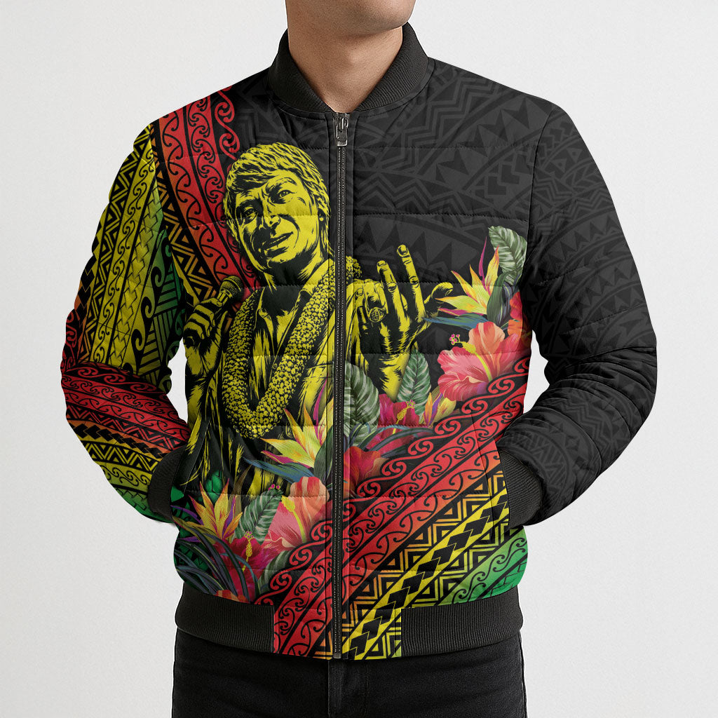 Retro Hawaiian Singer Bomber Puffer Jacket Polynesian Style Tropical Flowers