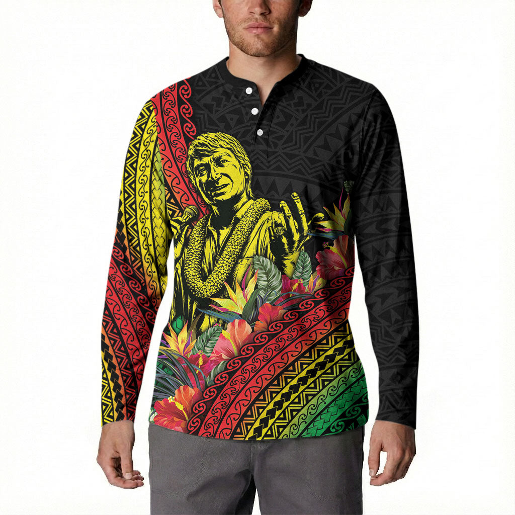 Retro Hawaiian Singer Button Sweatshirt Polynesian Style Tropical Flowers