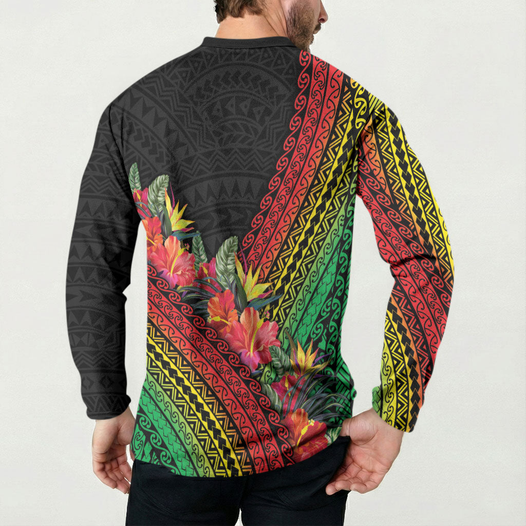 Retro Hawaiian Singer Button Sweatshirt Polynesian Style Tropical Flowers
