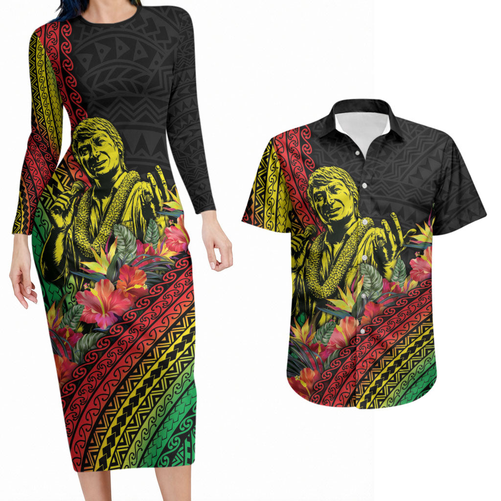 Retro Hawaiian Singer Couples Matching Long Sleeve Bodycon Dress and Hawaiian Shirt Polynesian Style Tropical Flowers
