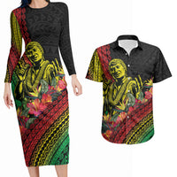 Retro Hawaiian Singer Couples Matching Long Sleeve Bodycon Dress and Hawaiian Shirt Polynesian Style Tropical Flowers