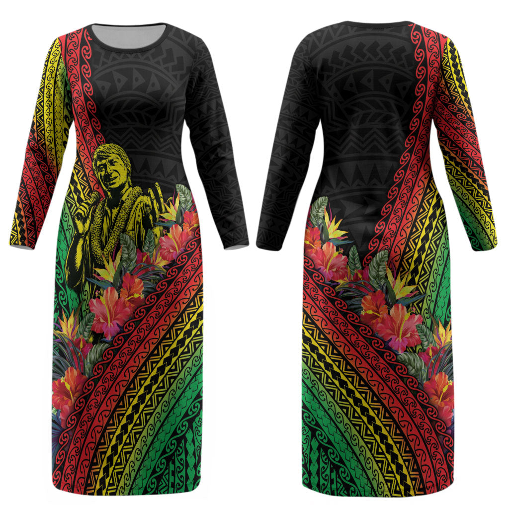 Retro Hawaiian Singer Couples Matching Long Sleeve Bodycon Dress and Hawaiian Shirt Polynesian Style Tropical Flowers