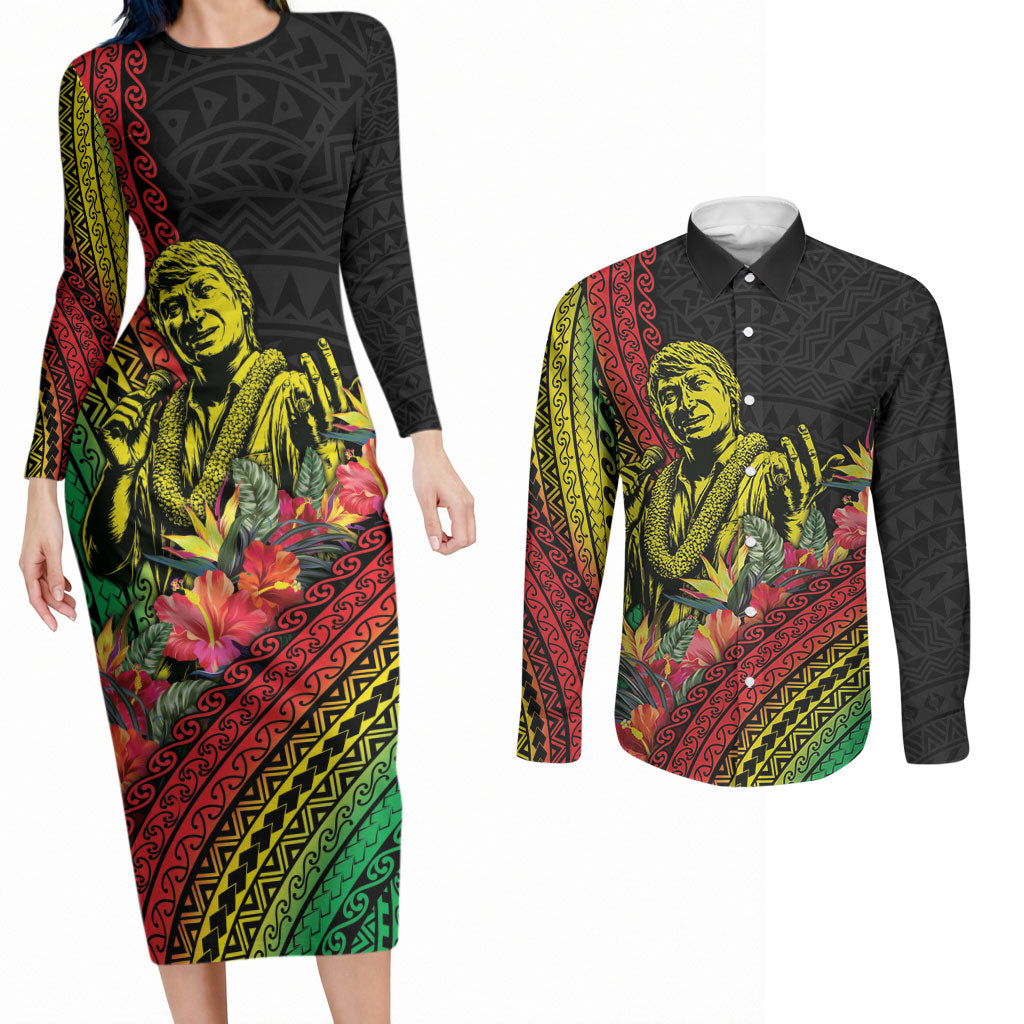 Retro Hawaiian Singer Couples Matching Long Sleeve Bodycon Dress and Long Sleeve Button Shirt Polynesian Style Tropical Flowers
