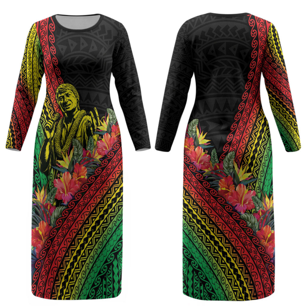 Retro Hawaiian Singer Couples Matching Long Sleeve Bodycon Dress and Long Sleeve Button Shirt Polynesian Style Tropical Flowers