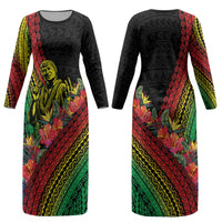 Retro Hawaiian Singer Couples Matching Long Sleeve Bodycon Dress and Long Sleeve Button Shirt Polynesian Style Tropical Flowers