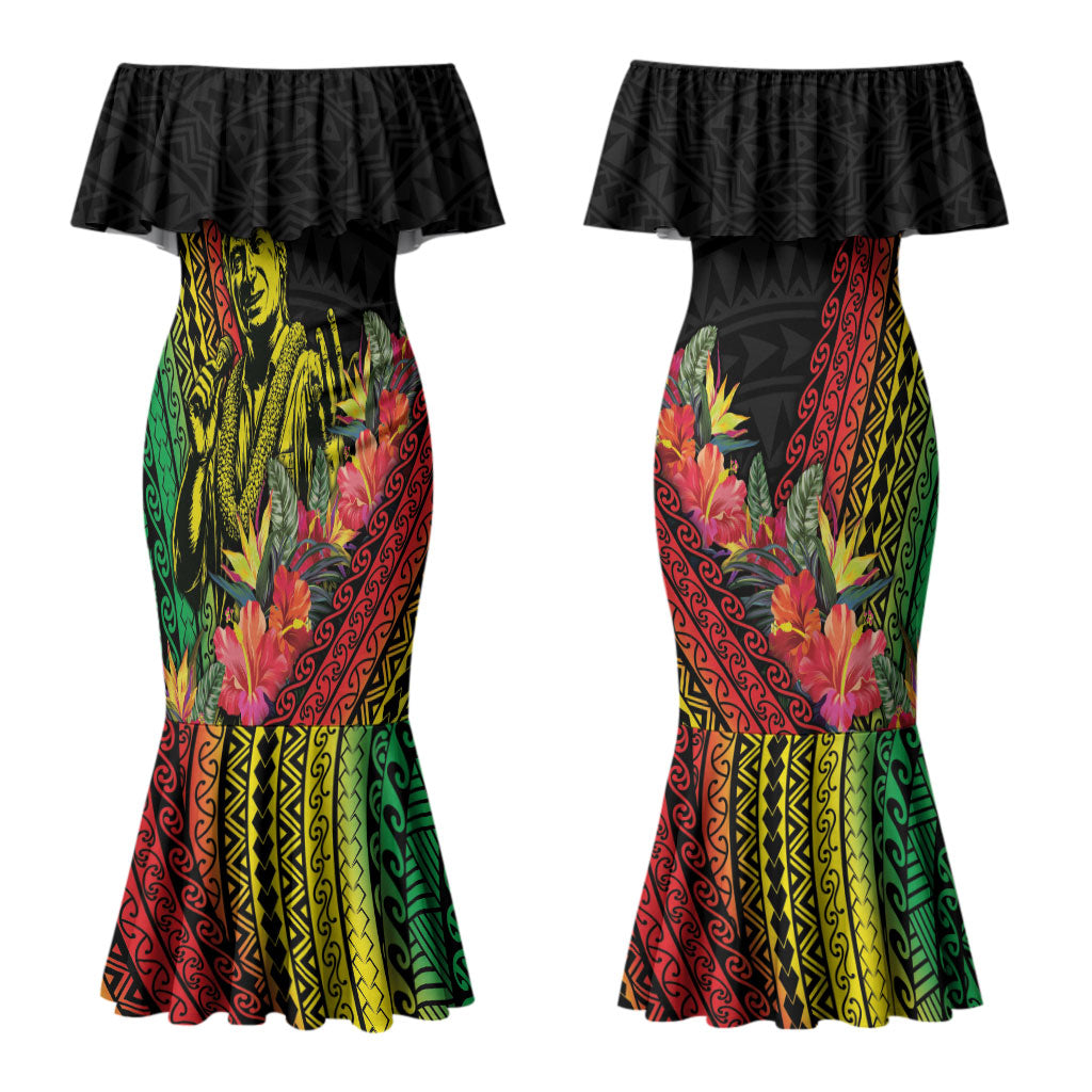 Retro Hawaiian Singer Couples Matching Mermaid Dress and Hawaiian Shirt Polynesian Style Tropical Flowers